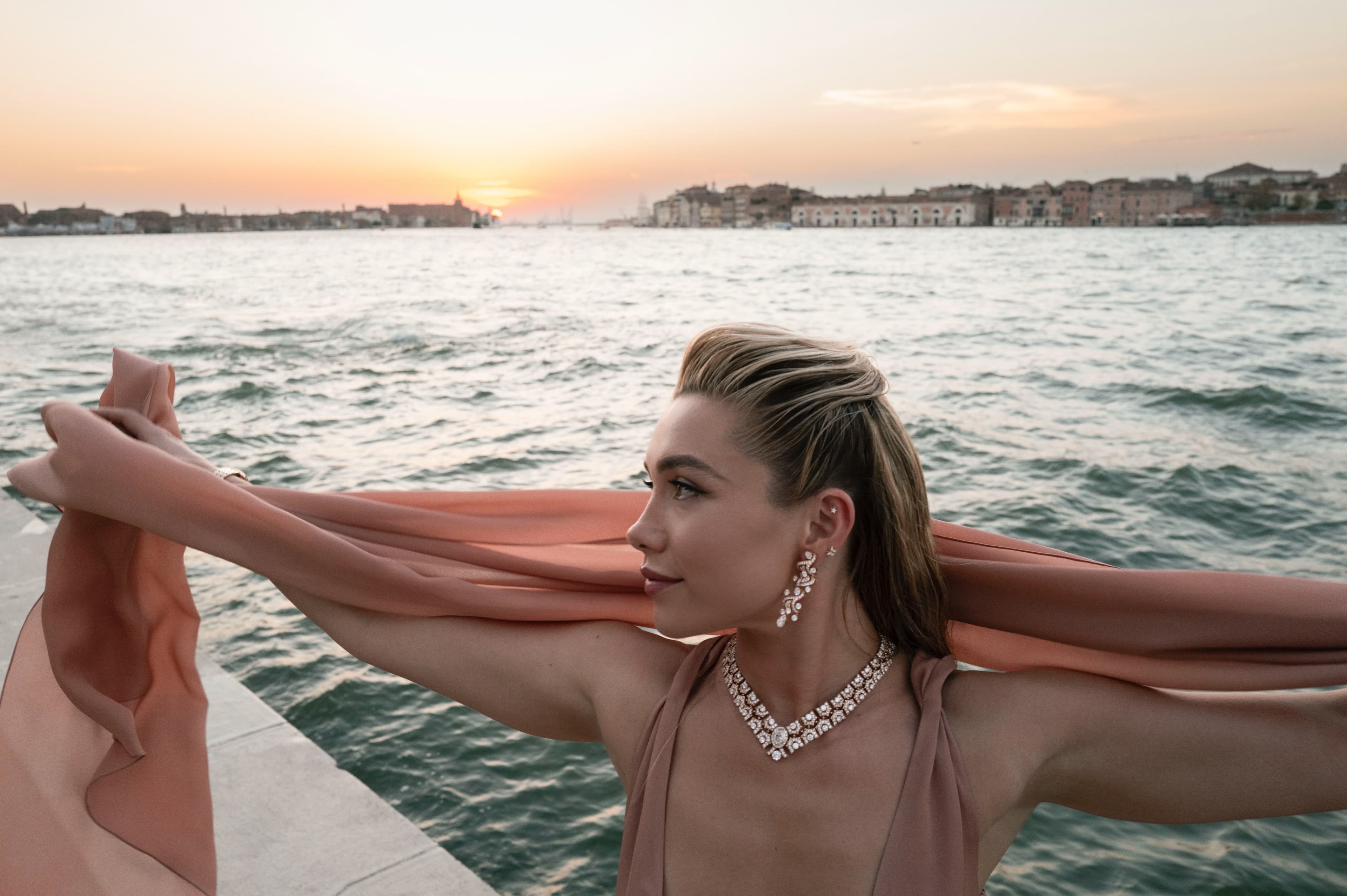Venice Under Firelight, Florence Pugh and Maggie Gyllenhaal in Bvlgari High Jewelry